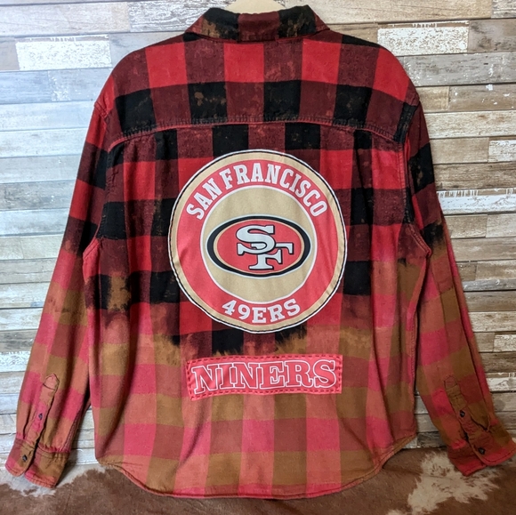 San Francisco 49ers Upcycled Dip Dye Bleach Flannel Shirt - Picture 1 of 15